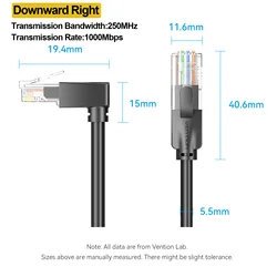 Premium 90 - Degree CAT6 Ethernet Cable UTP - 1000Mbps High - Speed Networking Cord - 1.5m (Downward Right)
