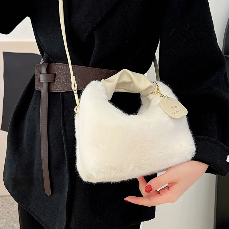Women Faux Fur Plush Handbags Ruched Handle Small Lady Shoulder Crossbody Bag Casual Tote Half-Moon Hobos Winter Bags for Women