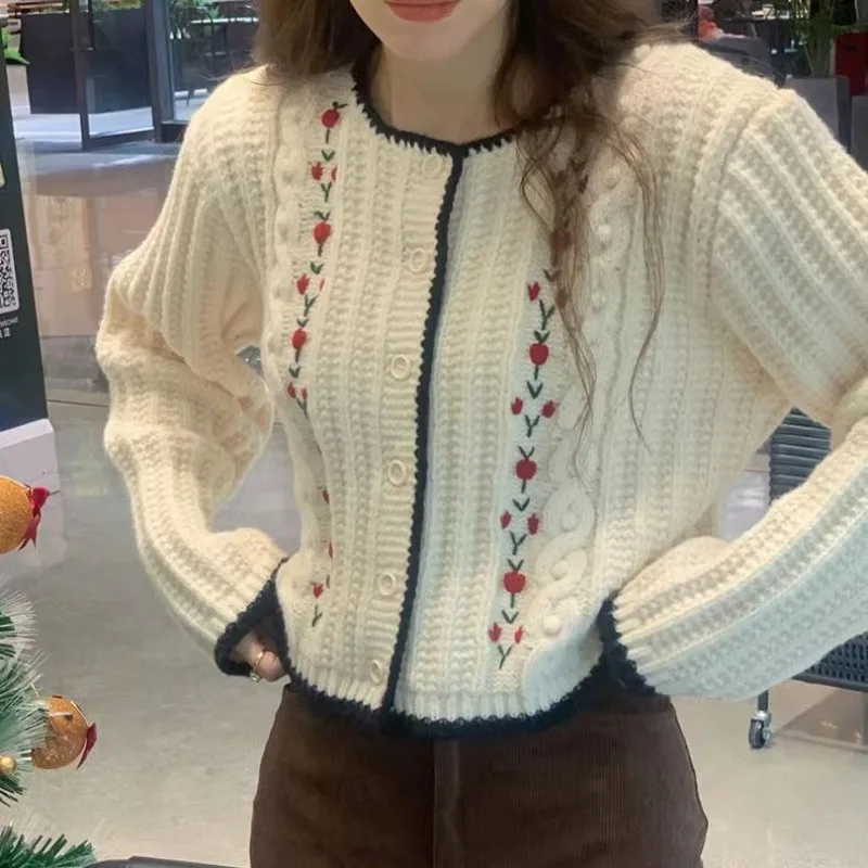Knitted Cardigan Women Coat Autumn and Winter New Three-dimensional Flower Embroidery Contrast Sweater