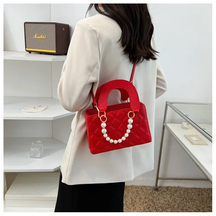 Women's 2023 Trend Leather Chain Shoulder Crossbody Bag with Pearl Handle Portable Chocolate Grid Solid Color Small_voghion.com