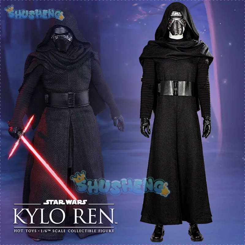 

Черный костюм Kylo Ren для косплея, костюм для взрослых, мужской боевой костюм с накидкой, шлемом, ботинками, костюмы для Хэллоуина