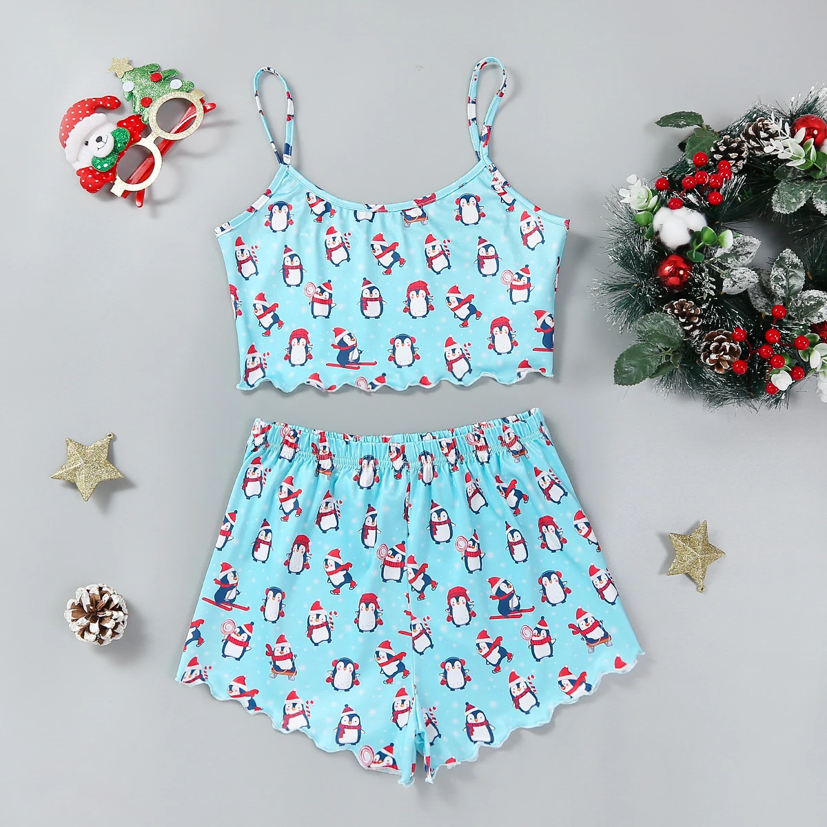 

New christmas penguin print women's tank top, camisole, top, shorts, loungewear set, women's pajamas, S M L XL size