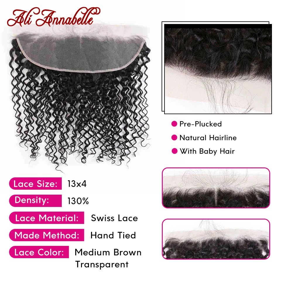 ALI ANNABELLE HAIR Kinky Curly Frontal Medium Brown Transparent Lace Frontal Pre Plucked Human Hair 13x4 Lace