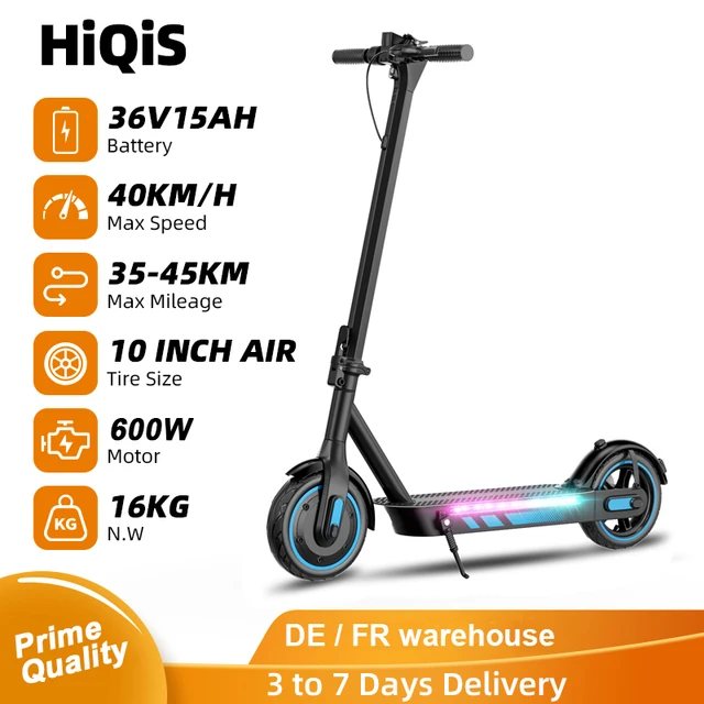 Trottinette électrique HiQiS V10 pro, moteur 600W, batterie 36V15Ah, vitesse 40 km/h, autonomie 45 km, pneus gonflables 10 pouces, pliable, pour adultes, avec application. 1