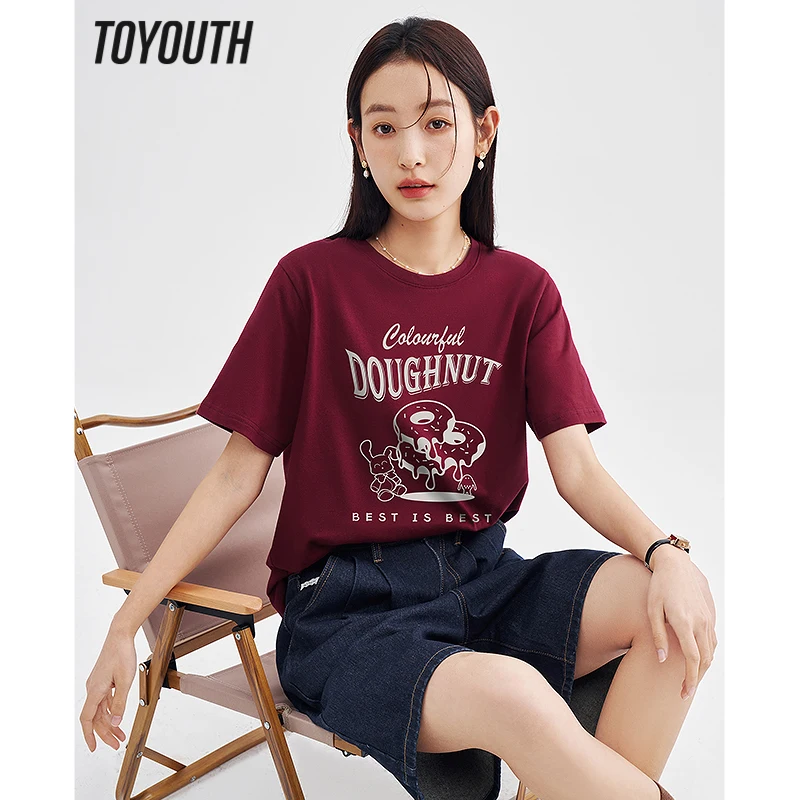

Toyouth Women T-shirt 2023 Spring Short Sleeve O Neck Loose Tees Fashion Graphic Print Five Colors Pure Cotton Comfort Tops