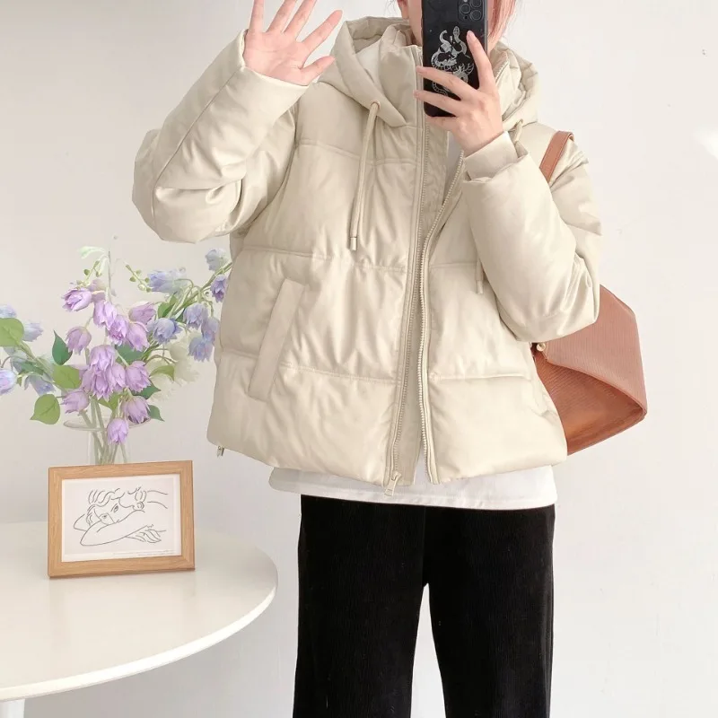 

Women's Jackets PU Faux Leather Short Hooded Padded Jacket 2023 Autumn/Winter New Padded Jackets Coats Female Chic Tops