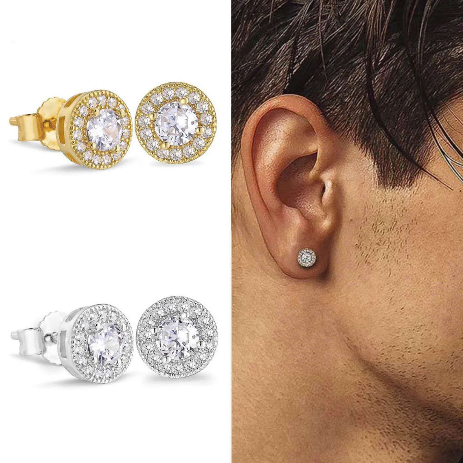 

Mprainbow Men's Luxury CZ Stone Stud Earrings,Gold Color Metal Valentine's Father's Day Birthday Party Gift,bbrincos masculinos