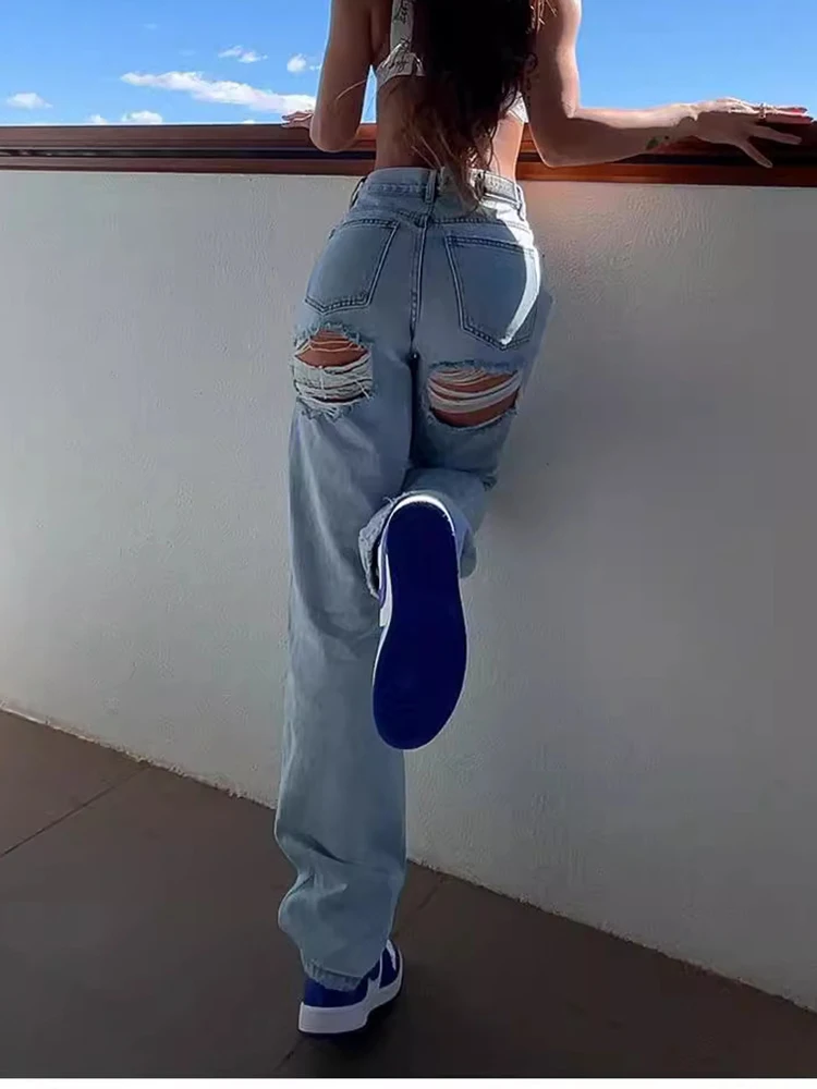 Jeans déchirés taille haute Y2K pour femmes, coupe slim européenne et américaine, tendance et polyvalent