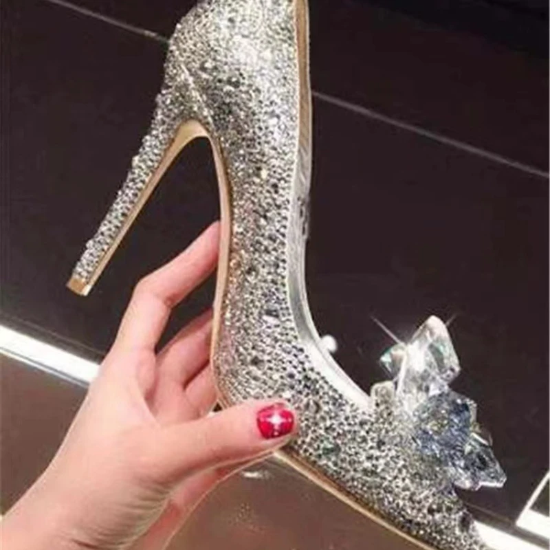 

Pointed Rhinestone High Heels Cinderella Crystal Shoes Thin Heels Sexy Single Shoes Bridesmaid Wedding Shoes