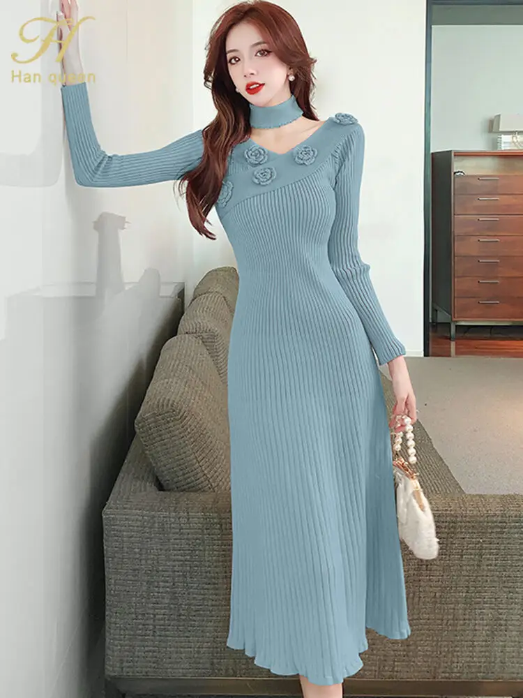 

BabYoung Winter Vintage Dresses Korean Stretch Knitting Vestidos Elegant Fashion Slim A-Line Midi Office Party Casual Dress