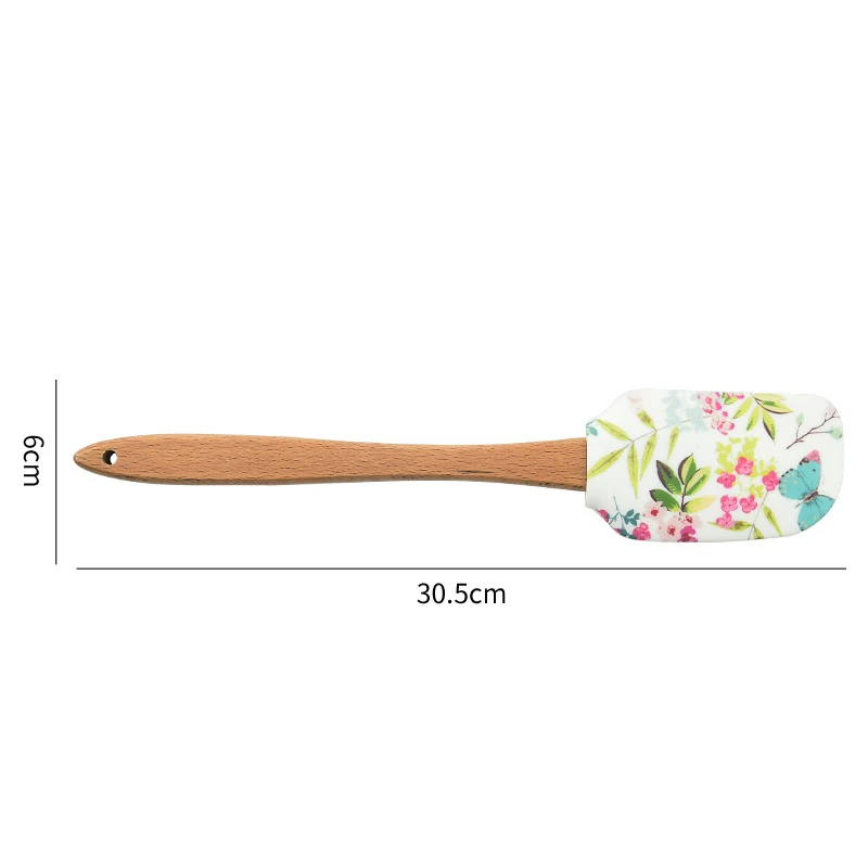 Printed Pattern Cake Scraper Silicone Cream Pastry Spatula Wooden Handle Butter Spreader Kitchen Batter Pies Baking Blender images - 6