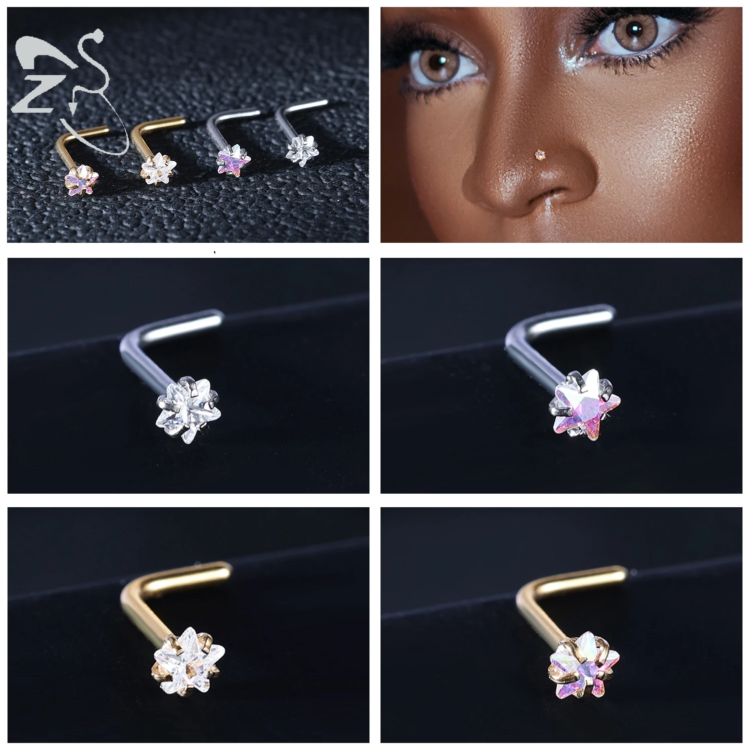 ZS 3-4Pcs/lot Gold Color Stainless Steel Nose Stud Set Heart Star Round Crystal Nose Piercing L Shape Nostril Piercing 18g/20g 6