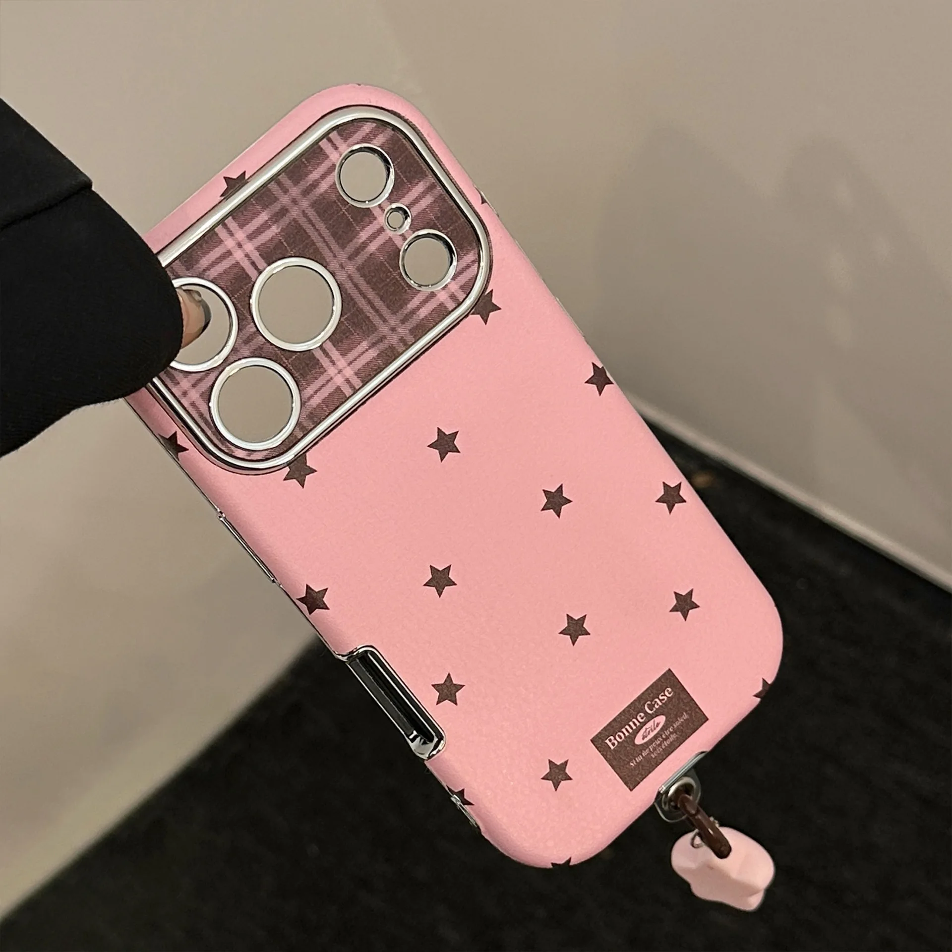 Retro Grid Pattern Stars Leather Phone Case with Pendant - Shockproof Cover