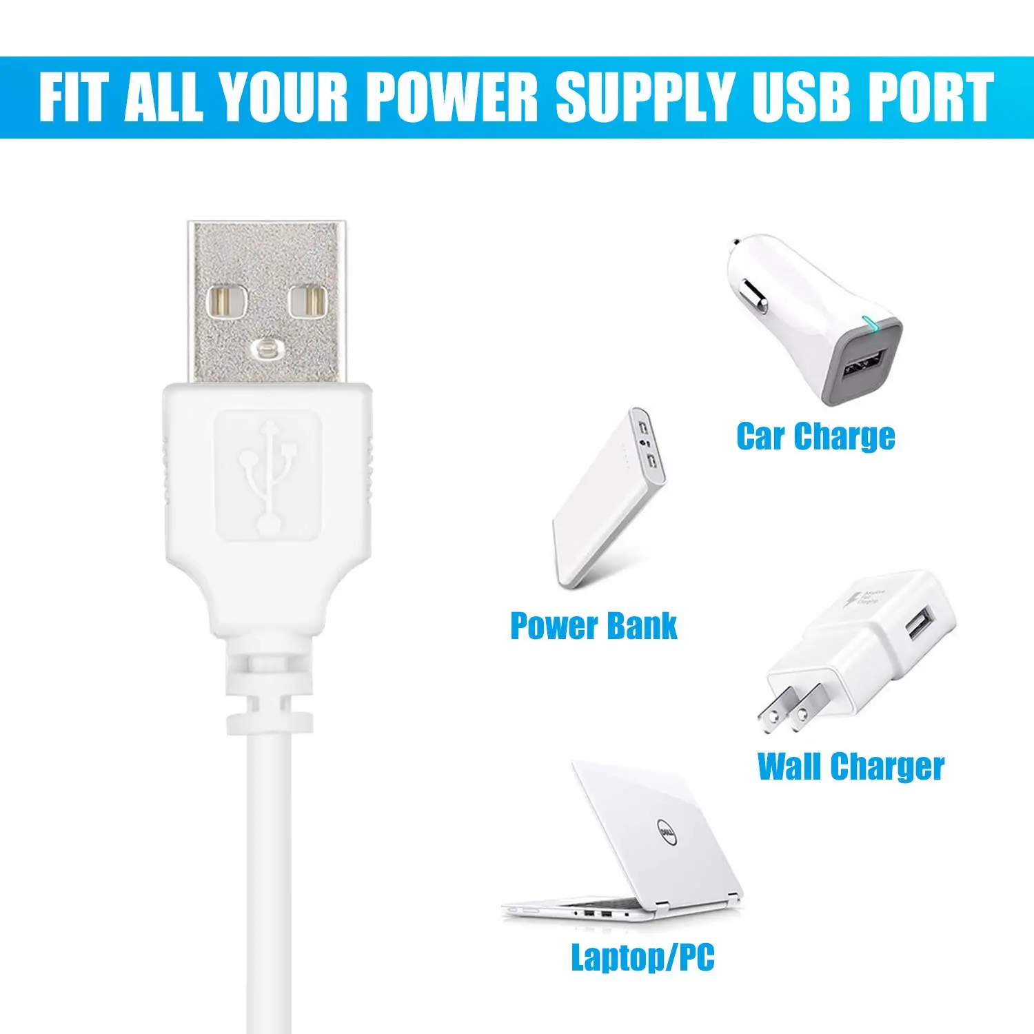 3Pack USB Charger Cable Cord 2.5mm with Fast Charging Technology for Universal Vibrating Wand Massagers and Toys, 2ft White