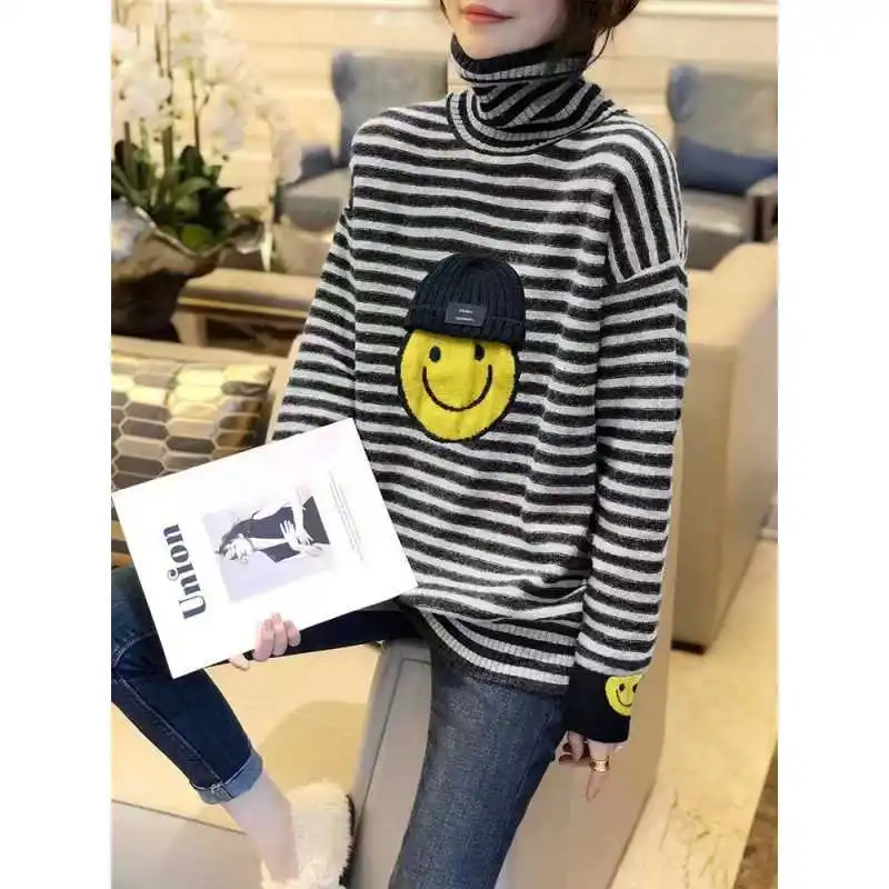 

Autumn and Winter Women's Pullover Turtleneck Printing Striped Loose Bottom Fashion Casual Elegant Commuter Long Sleeve Tops