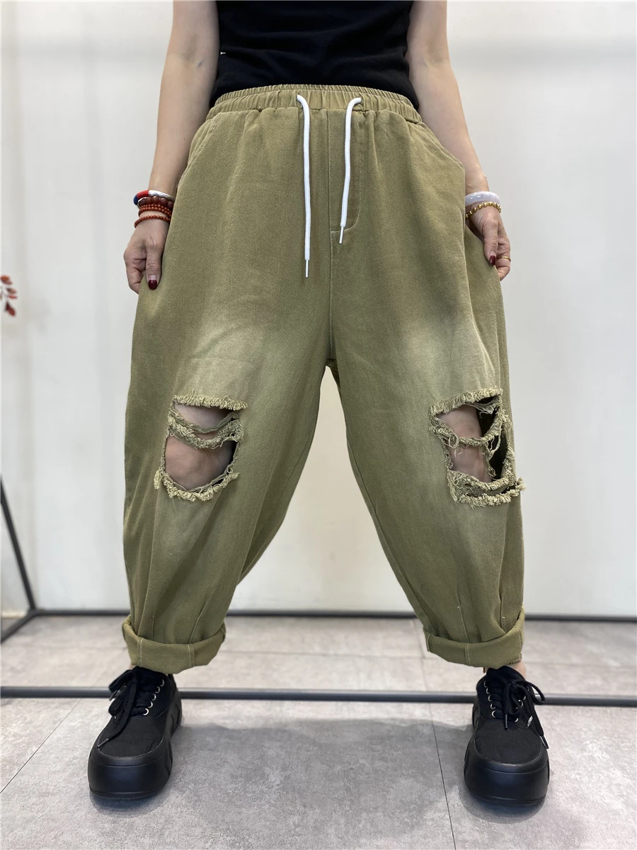 Candy Color Denim Cotton Haren Pants Woman Baggy High Waist Wide Leg Pants  Harajuku Streetwear Hip Hop Hole Summer New Jeans