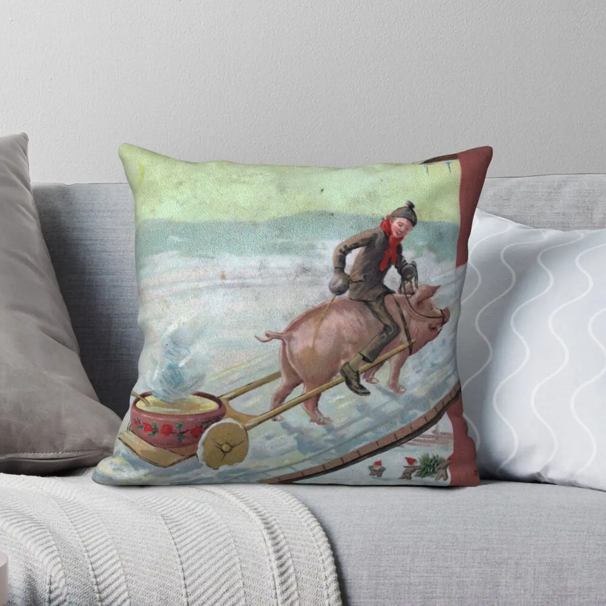 

Vintage Pig And Christmas Porridge Pillowcase Polyester Linen Velvet Creative Zip Decor Room Cushion Case