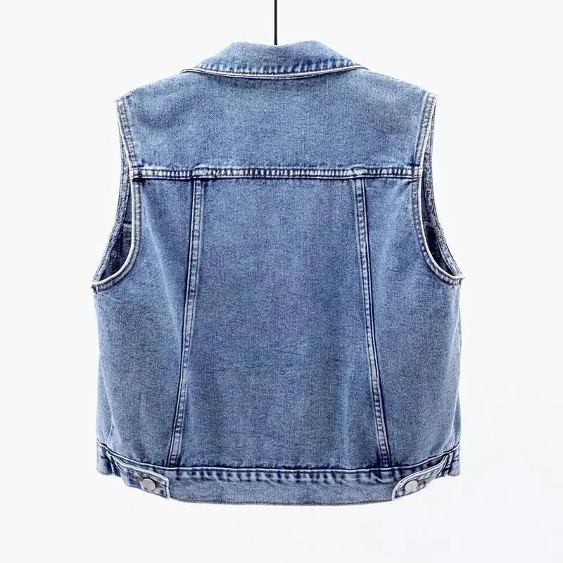 2023 Spring and Autumn New Pleated Large Pocket Denim Closing Women's Short Vest Women Waistcoat Jacket Slimming Wear Top