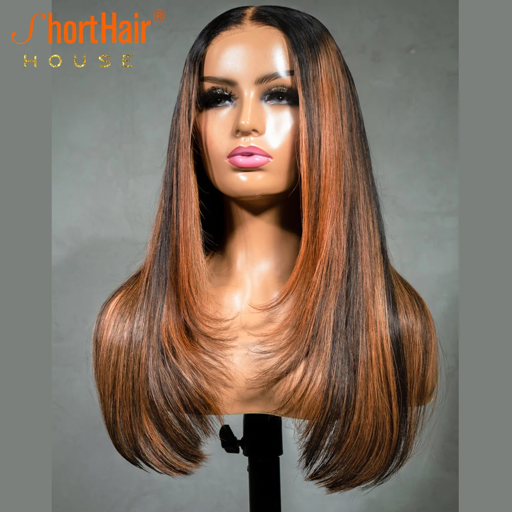 Ginger Orange Human Hair Wigs 5x7 Lace Closure Wigs Layered Cut Wavy Invisible Strap Glueless 360 Lace Frontal Human Hair