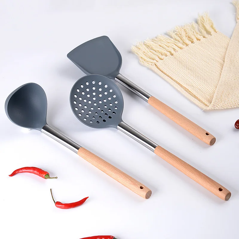 Kitchen Utensils Silicone Wooden Handle Non Stick Pot Kitchenware Cooking Set Soup Spoon Pasta Colander Shovel