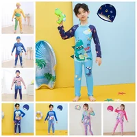 Spring Autumn Baby Boy Girl One Piece Swimsuit Hat 2 Pcs Set Children Swimwear Cartoon Dinosaur Shark Unicorn Suit Kid Beachwear 1