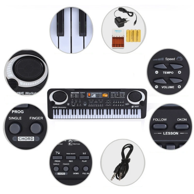 Electronic Piano Toy 61 Keys Digital Music Electronic Keyboard Key Toy Microphone Black Electric Piano Children Gifts