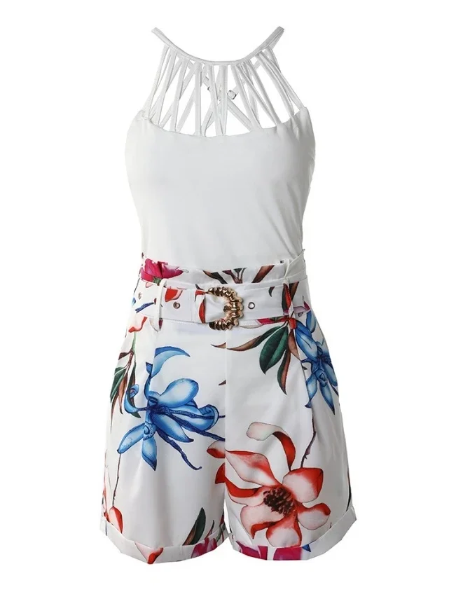 Sleeveless Tank Top Two Piece Set Women OutfitFashion Hollow Out O-neck & Casual Geo Print Shorts Set with Belt 2024 Summer New