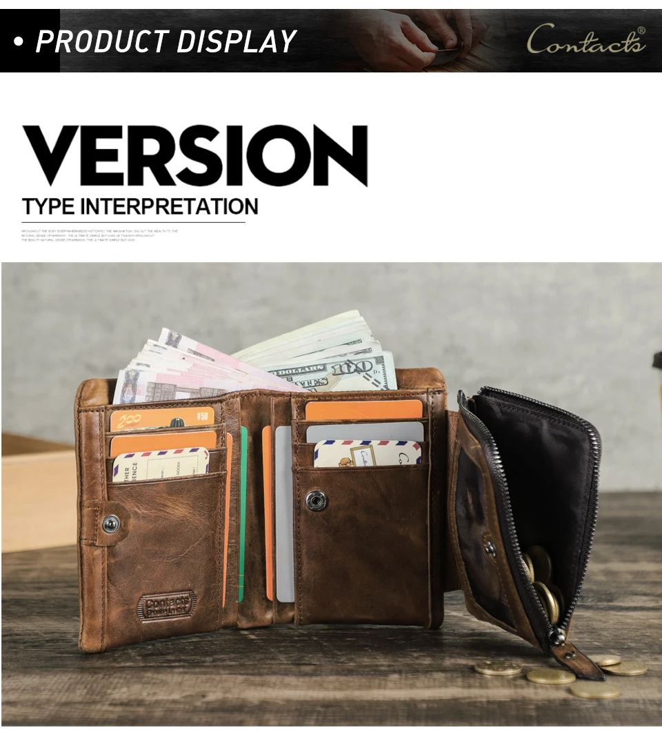 CONTACT'S männer brieftaschen aus echtem leder vintage kurze brieftasche mann dünne karte halter luxus marke männlichen kleine geldbörse portefeuille – Detail 10