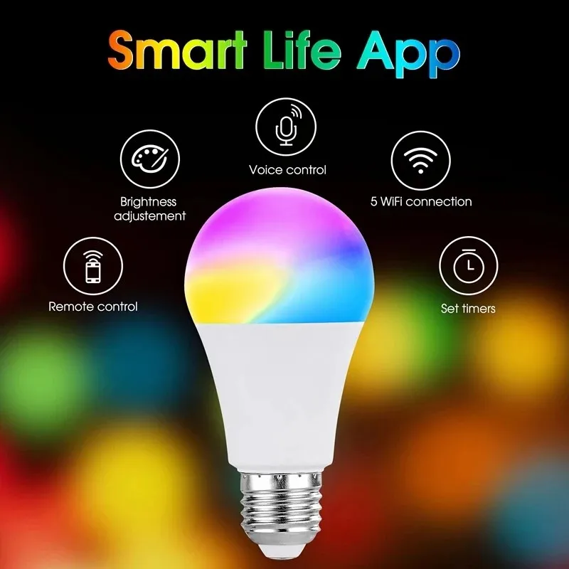 Tuya Bluetooth RGB LED Bulb APP Control 2700-6500K Stepless Dimmable Smart Life 9W RGB + CW + WW Color Change Lamp AC85-265V E27 E26 smart led light bulbs