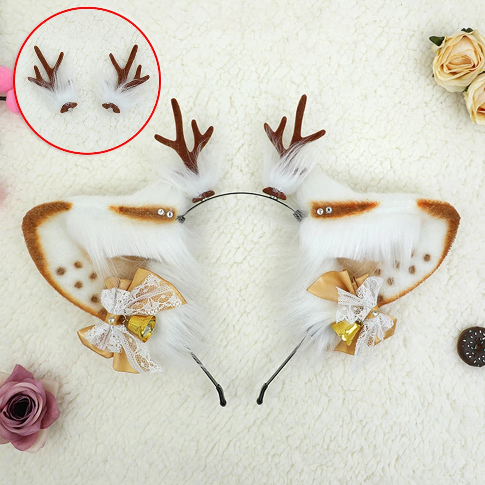 Simulation Plush Deer Ear Hairband Removable Antler Bells Headband Hair Hoop Cosplay Headdress Dress Up Hair Accessory Prop