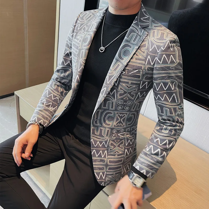 Brand Luxury Suit Jacket for Men Autumn Printed Casual Busines Blazer Masculino Slim Fit Wedding Groom Social Dress Coat