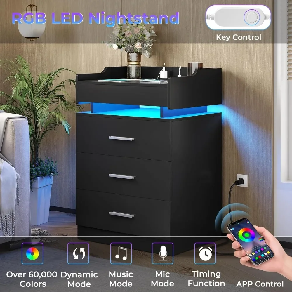 LED Nightstand, Large Night Stand with Charging Station, Bedside Table with Pull-Out Shelf and 3 Drawers, Modern Style