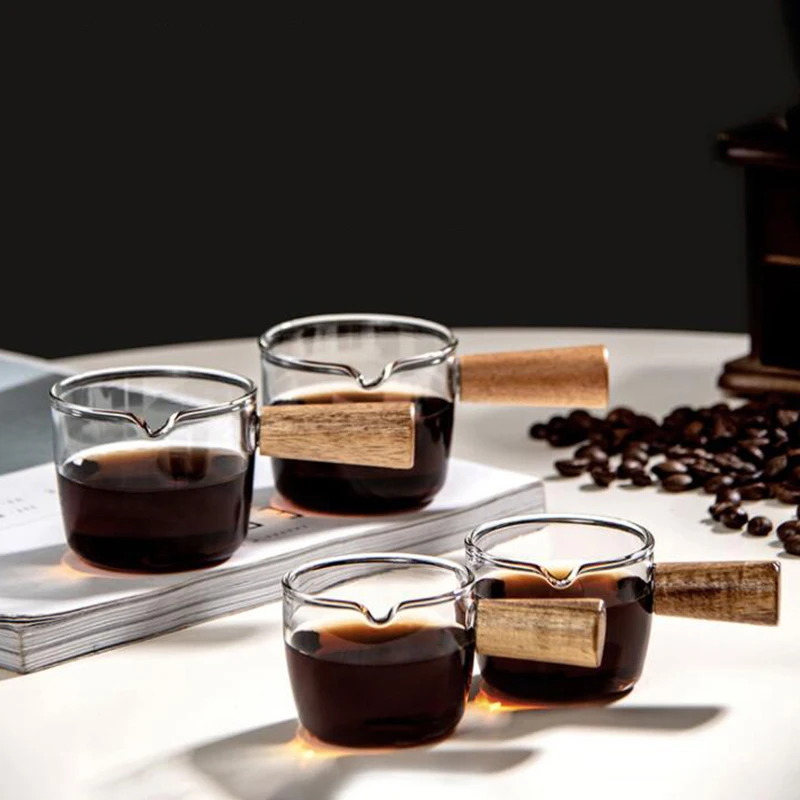 Wood Handle Glass Espresso Measuring Cup 50ml 80ml 100ml Double/Single Mouth Milk Jug Coffee Supplies Clear Kitchen Measure Mug measuring cup,coffee extraction cup