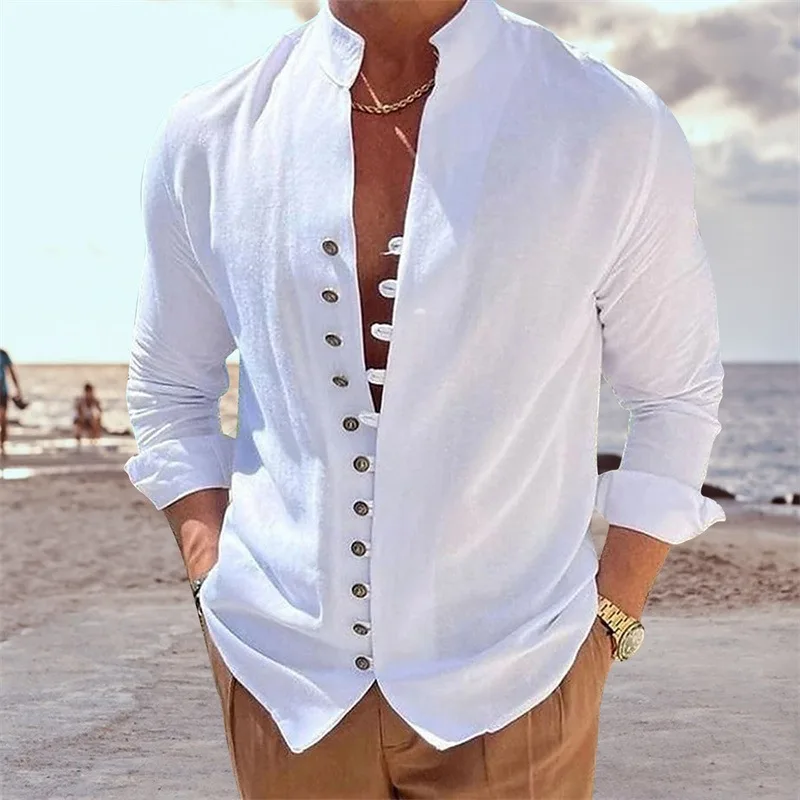 Neues Herren-Leinenhemd, lässige Oberteile, hochwertige, lockere und bequeme, langärmlige Strand-Hawaii-Hemden für Herren_voghion.com