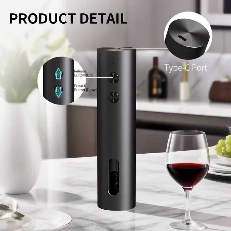 Rechargeable Electric Wine Opener with Foil Cutter Wine Pourer Vacuum Stopper USB-C Charging for Home Kitchen