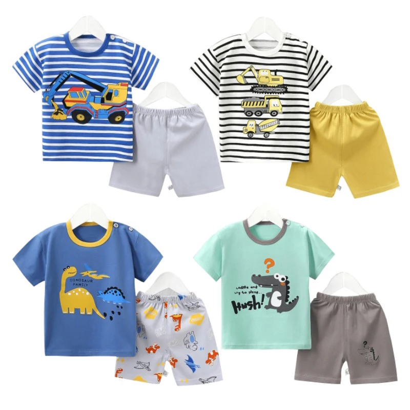 1-6 Y Kids Cartoon Excavator Striped T-Shirt Shorts 2-Piece Set Cotton Pajama Baby Boys Girls Summer Casual Tracksuit Clothes Su kids pajamas set