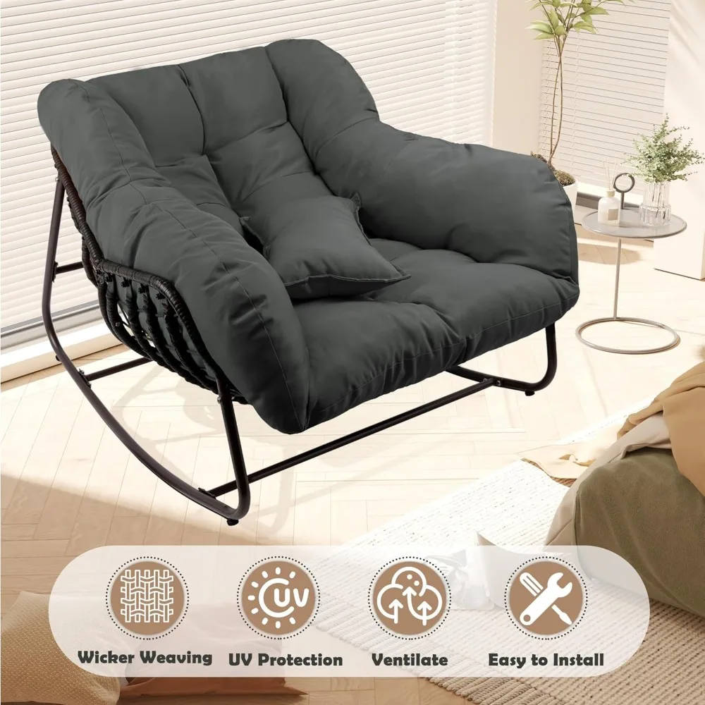 Rocking Chair Indoor & Outdoor,All Weather Wicker Patio Chair with Cushion & Pillow, Oversized Papasan Egg Chair 4