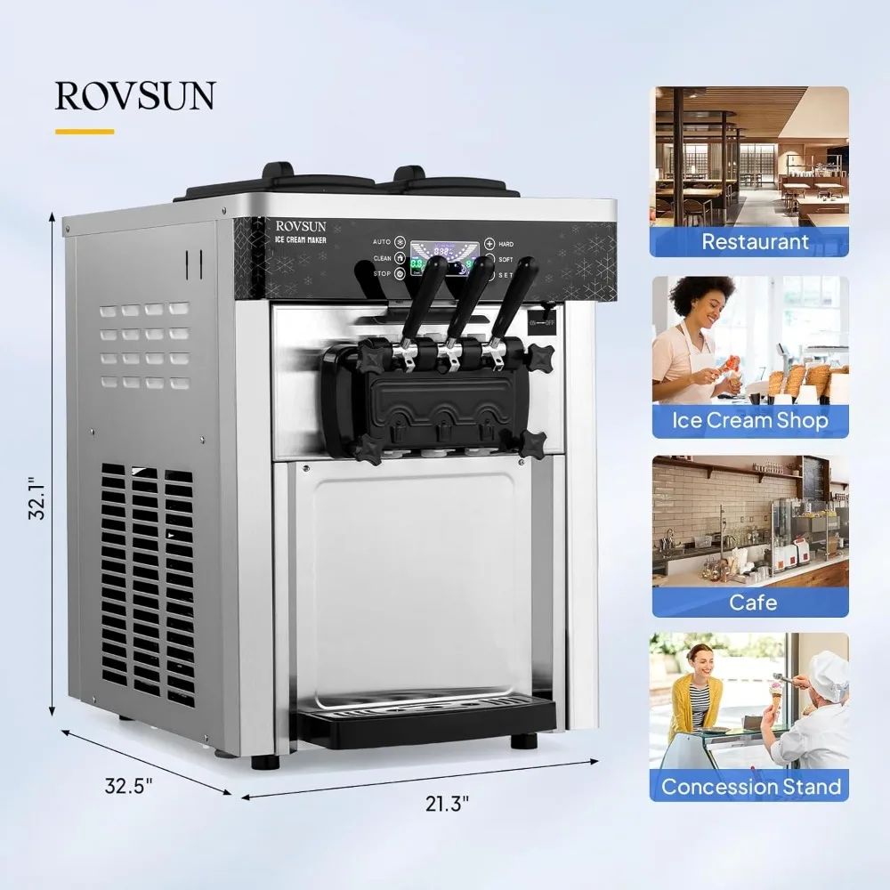 Commercial ice cream machine with 5.3 to 7.4 gallons per hour, equipped with 2 X 1.6 gallon hoppers for 3 flavors, 2200W 6