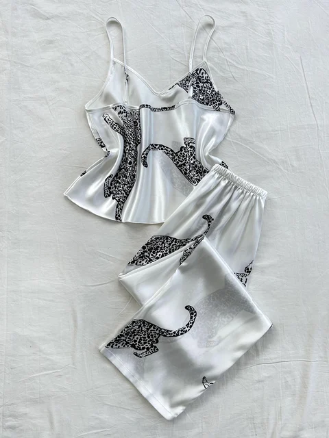 Conjunto de pijama con pantalones largos y tirantes con estampado de leopardo y cuello en V, cómodo y moderno, 2 uds. 4