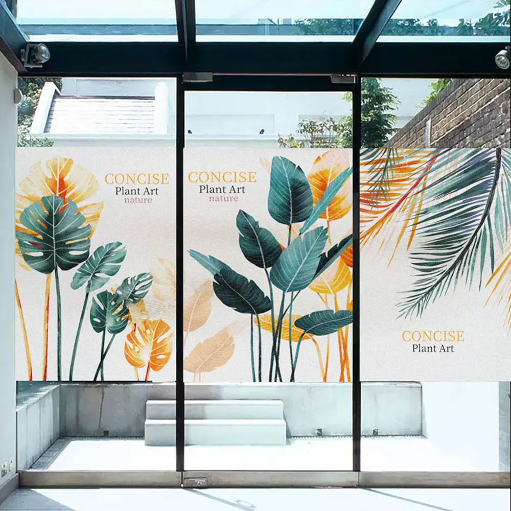 

Plant Leaf Privacy Glass Window Film Glue-Free for Bathroom Door Sticker Sun Blocking Static Frosted Glass Window Flim