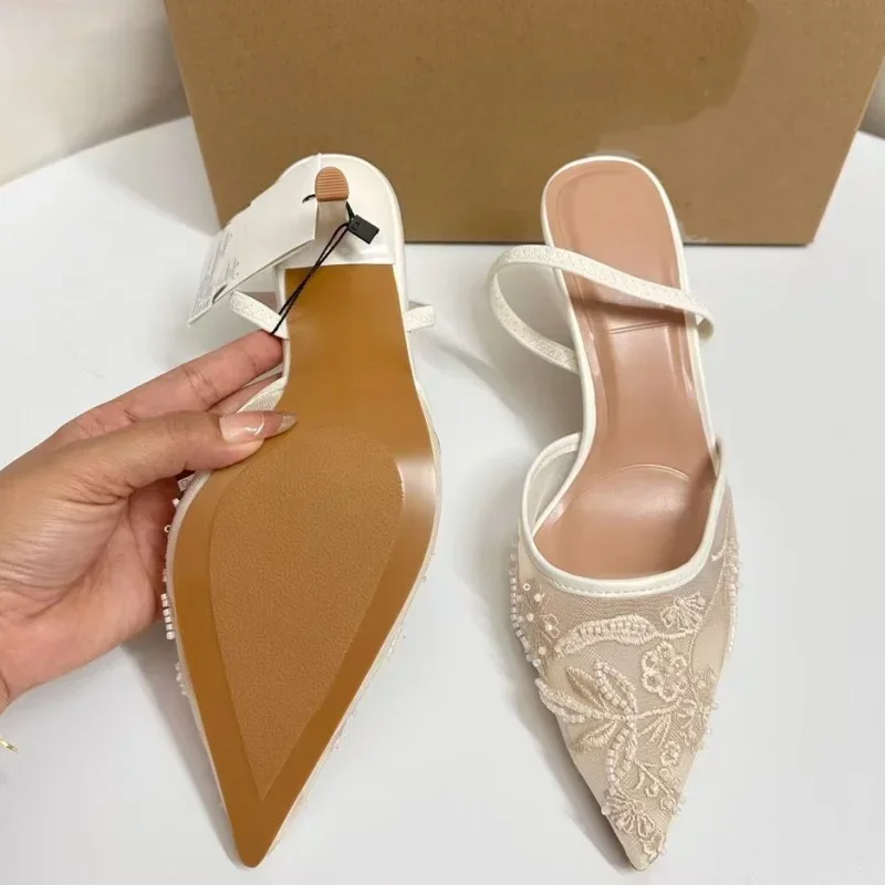 Brand Designer White Women Wedding Pumps Mesh Embroidered Flowers Back Strap Sexy Slingback High Heel Dress Shoes for Ladies 5
