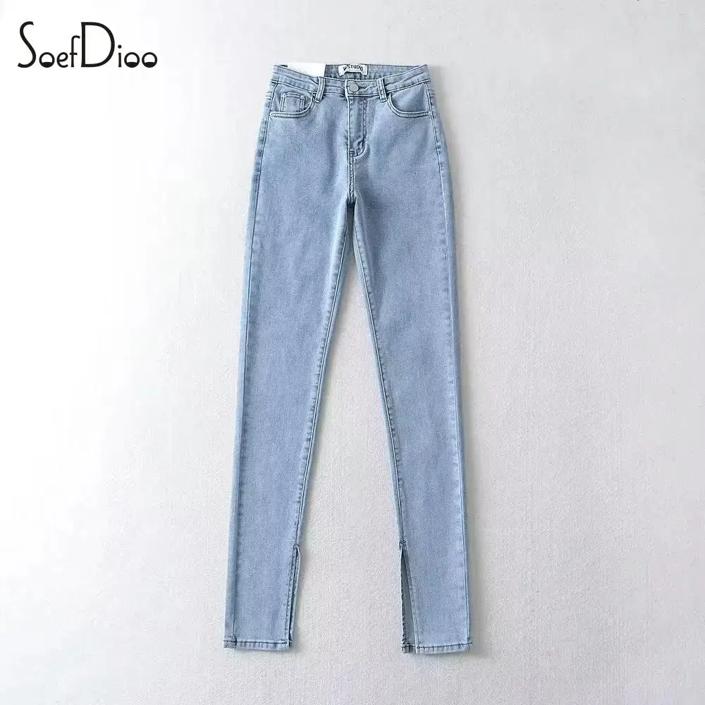 

Soefdioo Fashion High Waist Strecth Zipper Fly Split Slim Denim Pencil Pants Women Fall 2023 Hipster Street Party Jeans Trousers