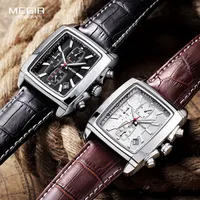 Megir cadran rectangulaire bracelet en cuir Montre pour hommes décontracté bleu chronographe montres à Quartz homme Montre-bracelet Montre Reloj Часы М � 6