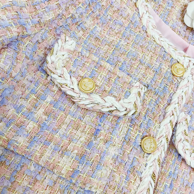 

Pink Wool Plaid Woven Stripe Fragrant Short Coat Women's Autumn and Winter French Temperament Tweed Small Suit