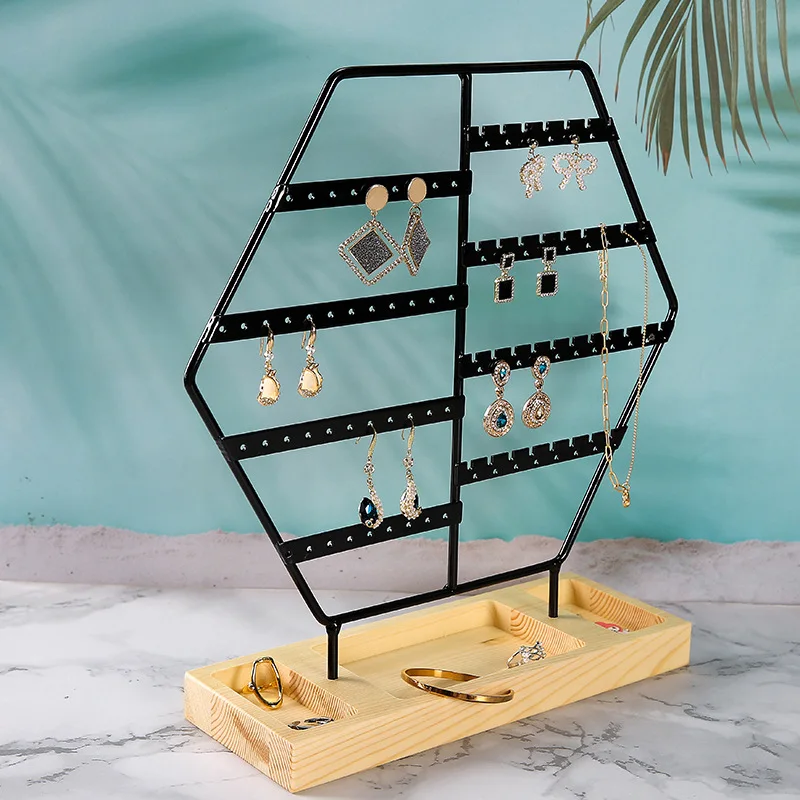 Metal Ear Studs with Wooden Base Earrings Organizer Pendant Necklace Display Stand Jewelry Holder Bracelet Presenting Rack