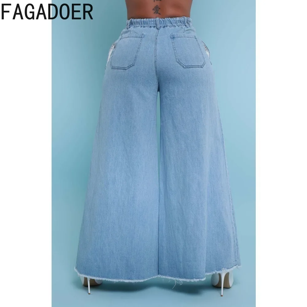 FAGADOER Blue Fashion Loose Wide Leg Denim Pants Women Elastic Waist Drawstring Pocket Jean Trousers Spring New Cowboy Bottoms