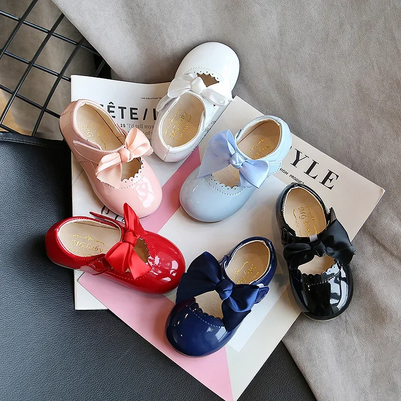 Princess Girls Shoes Toddlers Infants Leather Shoes Children's Flats With Ribbon Bow-knot PU Patent Leather Kids Mary Janes Soft