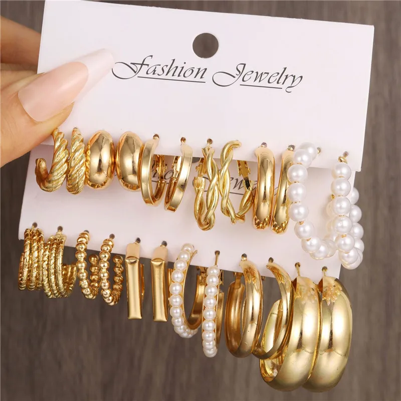 Modyle Geometric Hoop Earrings Set for Women Bohemian Pearl Round Gold Color Vintage Punk Fashion Jewelry hoop earrings golden earrings pearl earrings