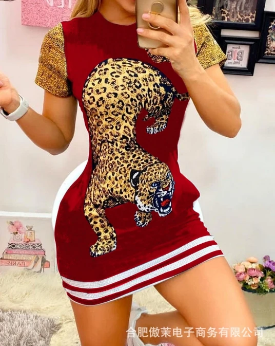 

Miao Ling Girls 2024 Contrast Color Splicing Short Sleeve Leopard Pattern Round Neck Tight Mini T-Shirt Dress In Stock