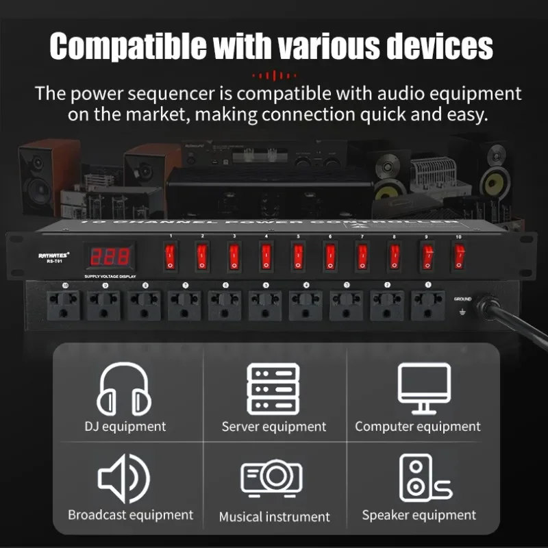 Audio Mixer RAYHAYES RS-T01 Professional Audio Power Sequencer Switch 10 Channel Power Controller Stage Conference Audio Sequence Controller